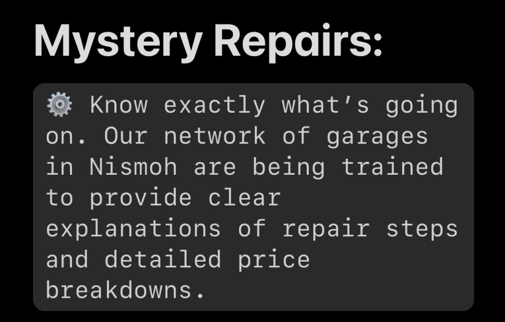 Nismoh helps you know exactly what your car need for repair